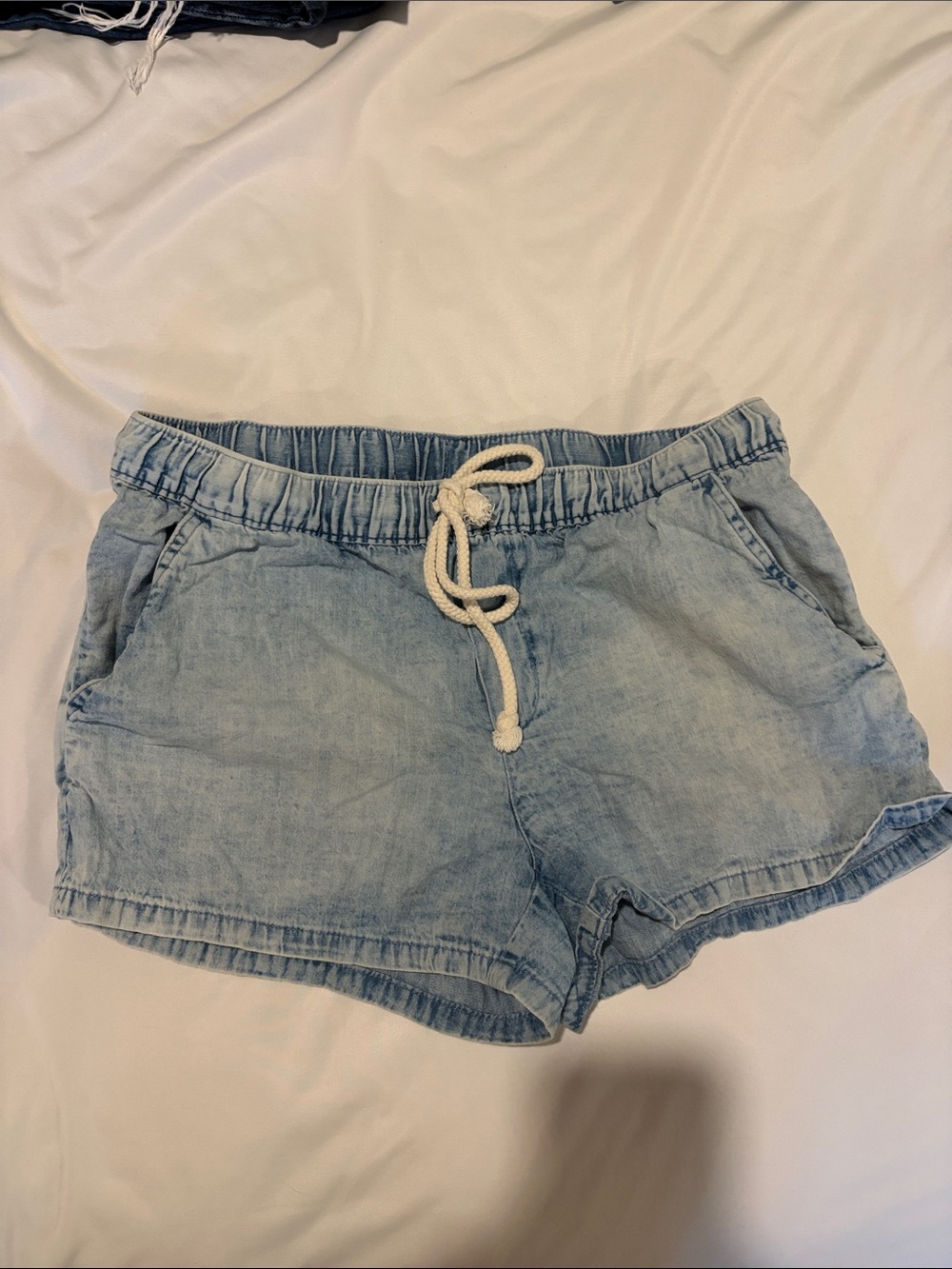aerie Light Blue Chambray High Waist Drawstring Shorts